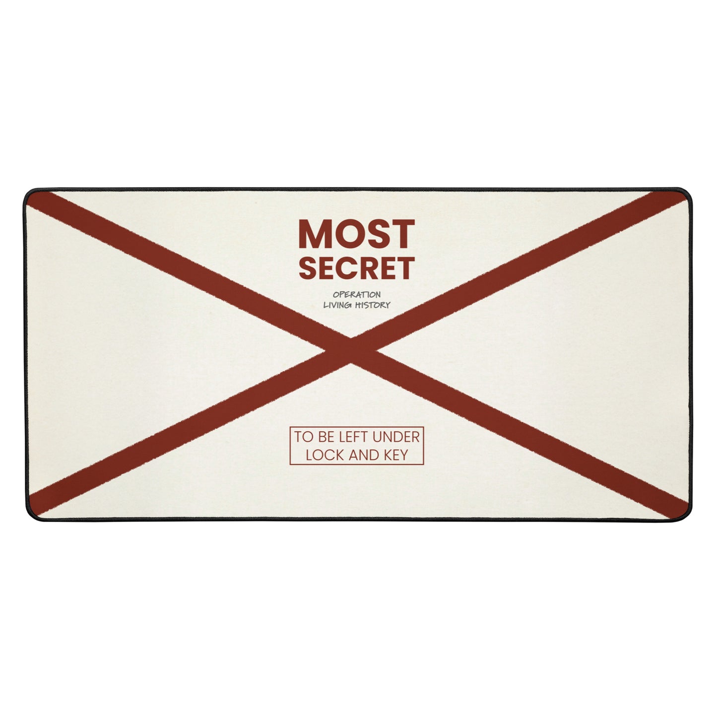 Top Secret black desk mat, 16 by 32 inches, Operation Living History design