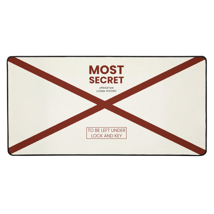 Top Secret black desk mat, 16 by 32 inches, Operation Living History design