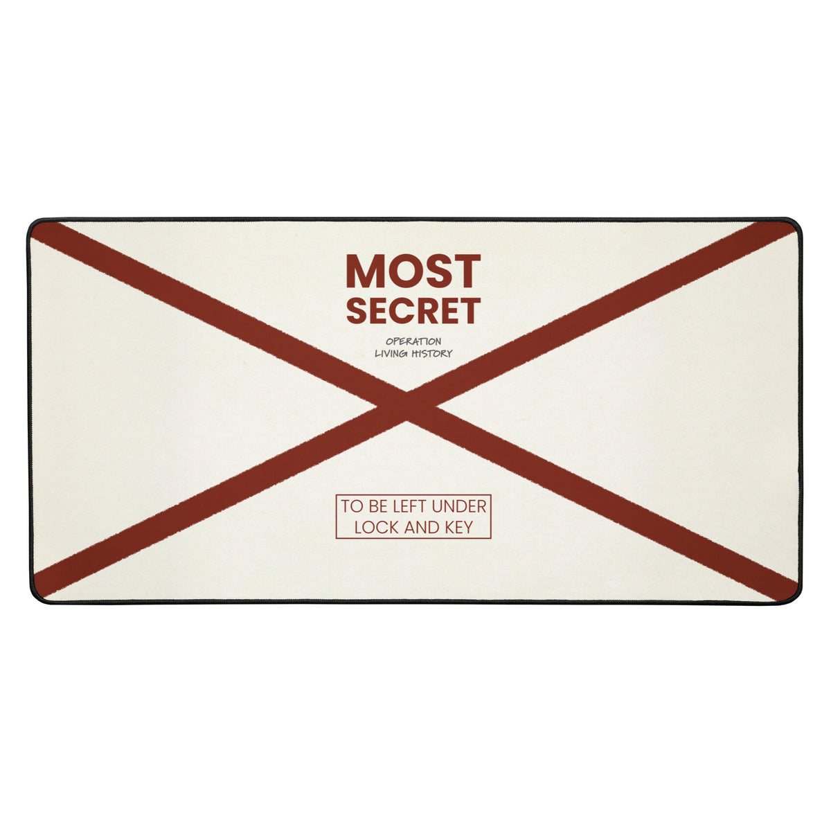 Top Secret black desk mat, 16 by 32 inches, Operation Living History design