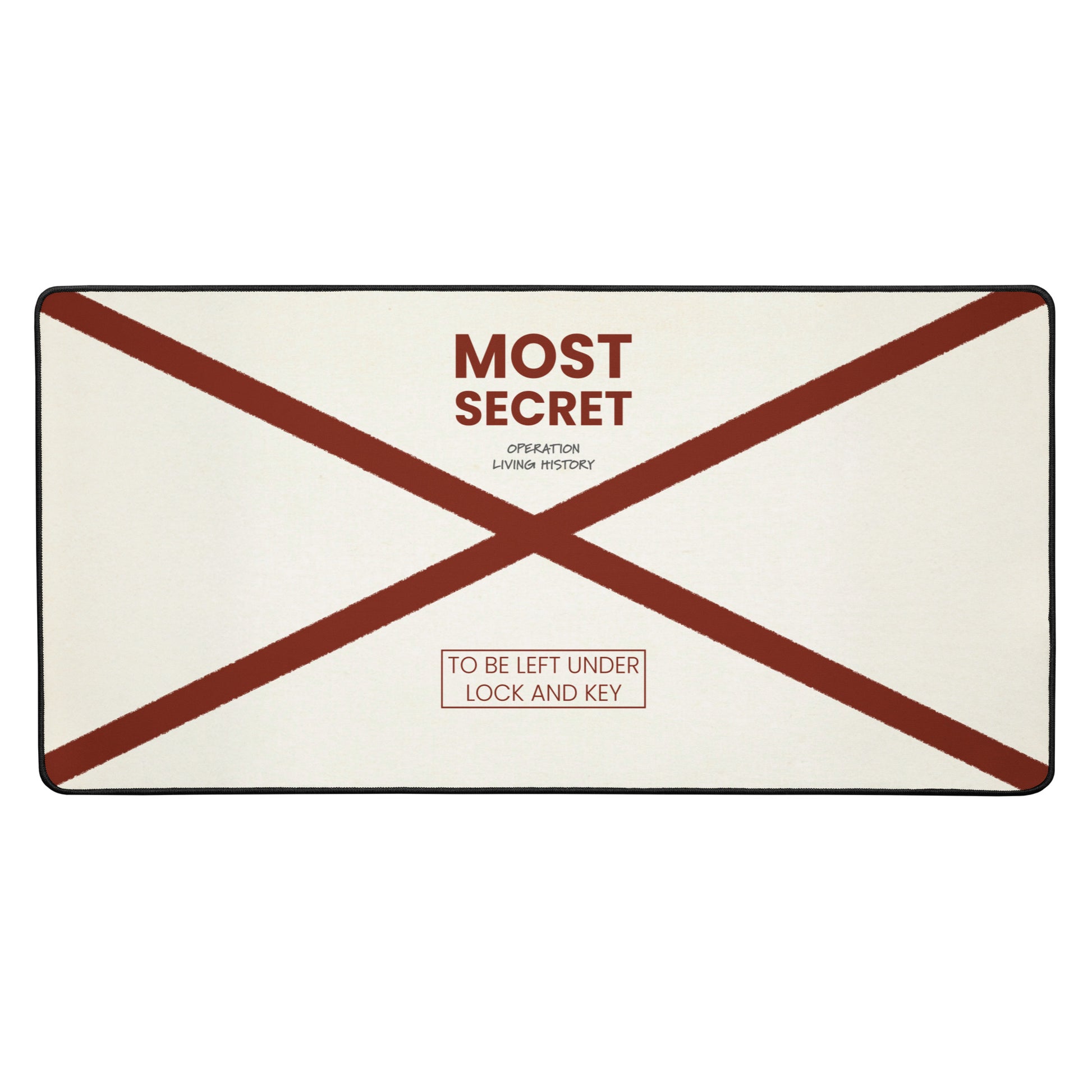 Top Secret black desk mat, 16 by 32 inches, Operation Living History design