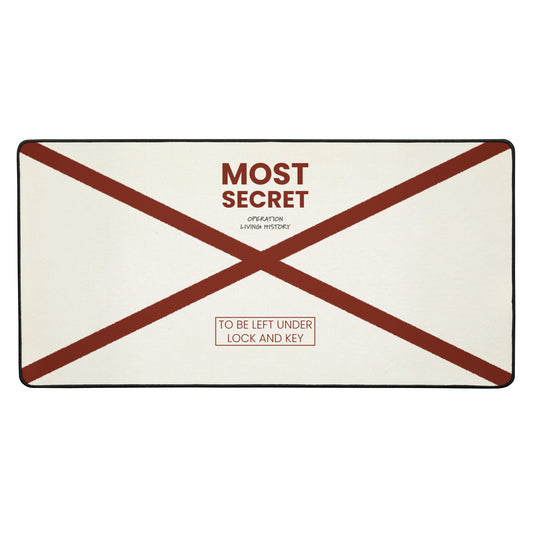 Top Secret black desk mat, 16 by 32 inches, Operation Living History design