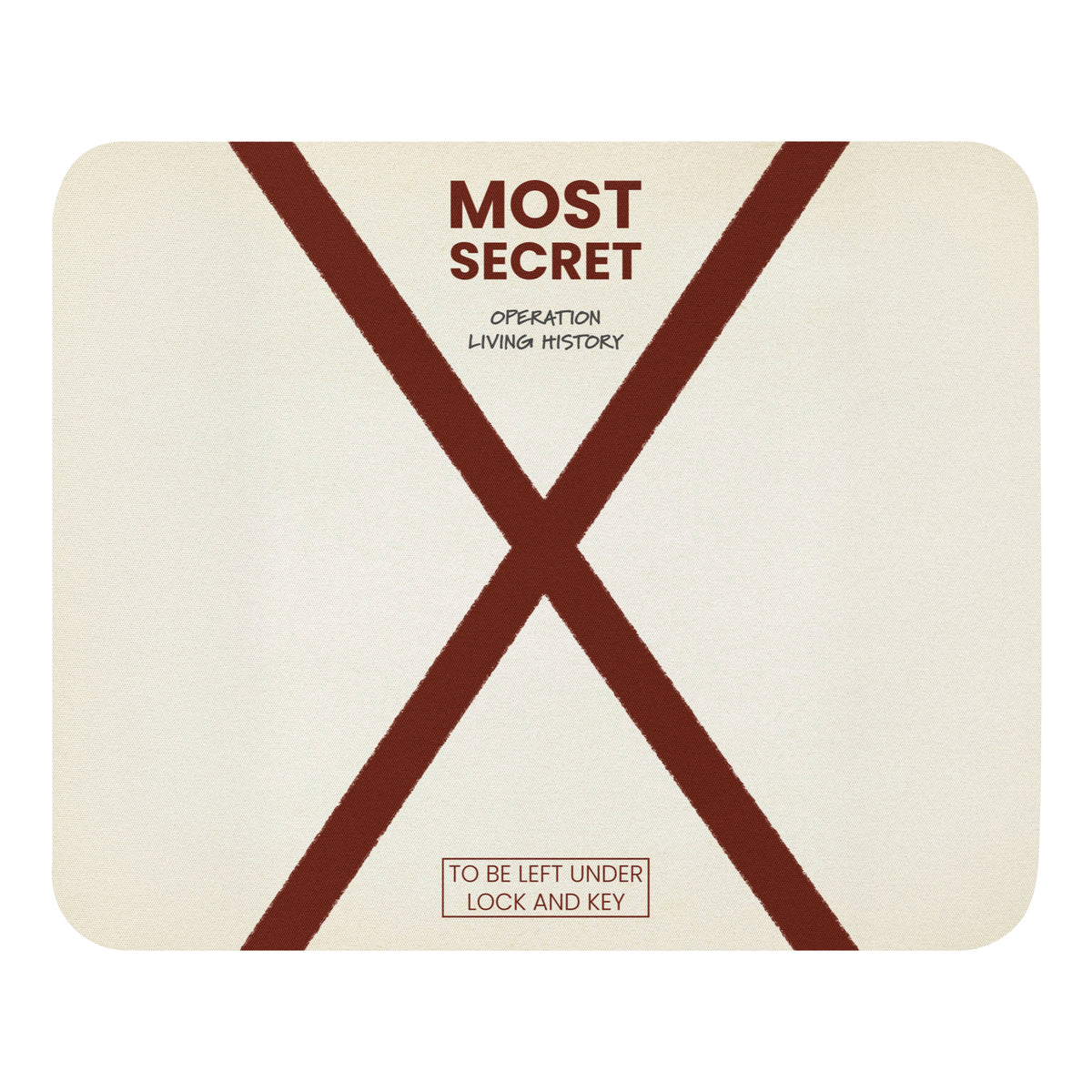 Top Secret mouse pad in white with Operation Living History design