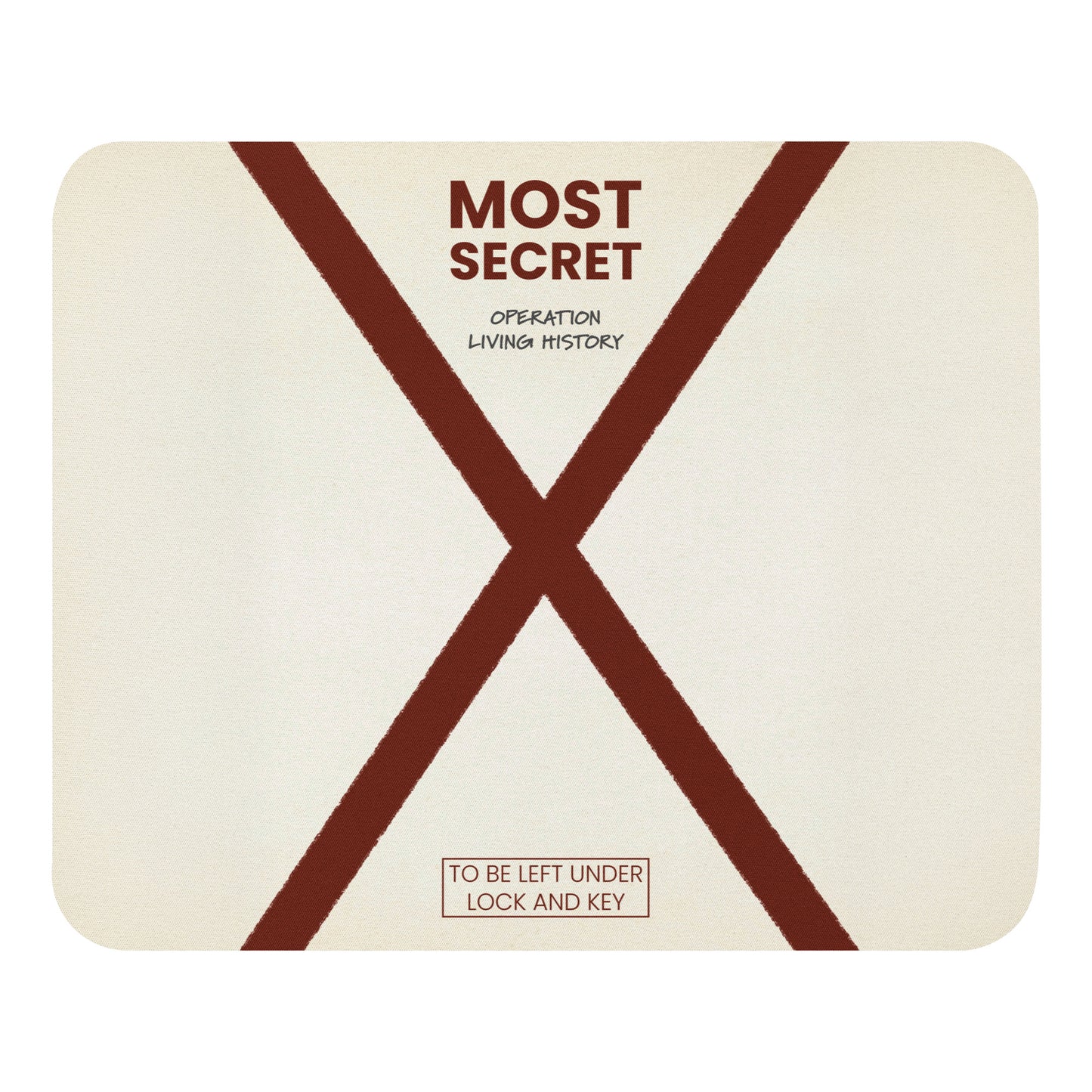 Top Secret mouse pad in white with Operation Living History design