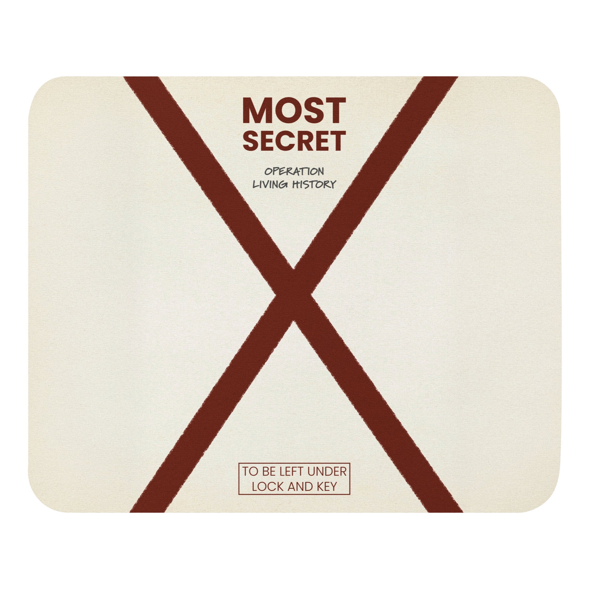 Top Secret mouse pad in white with Operation Living History design