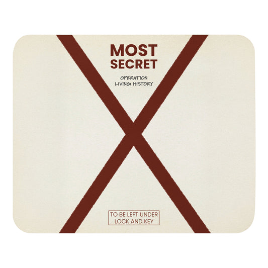 Top Secret mouse pad in white with Operation Living History design