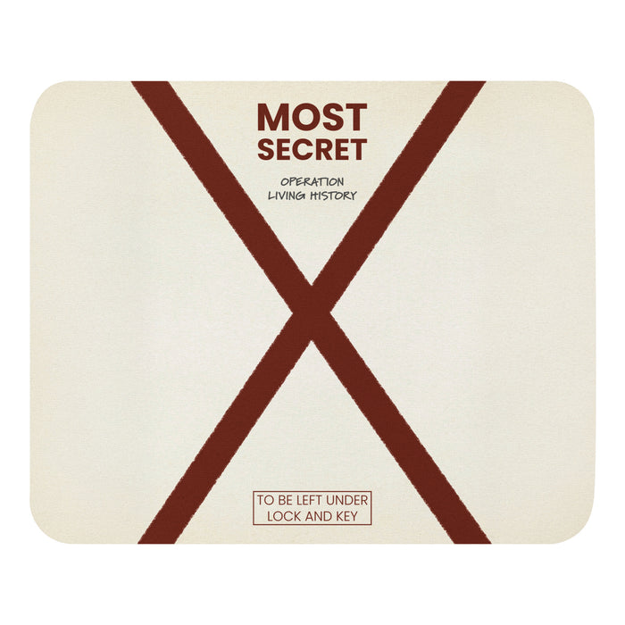 Top Secret mouse pad in white with Operation Living History design