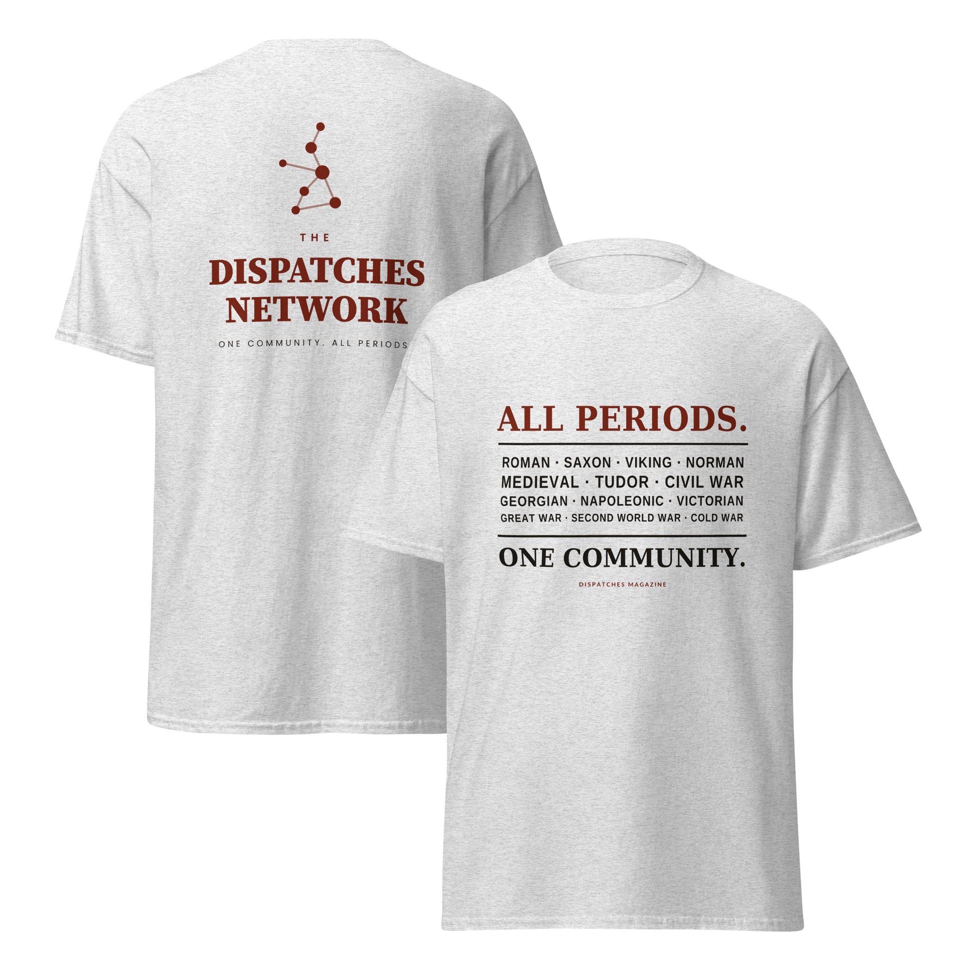 All Periods limited edition t-shirt in ash, Network fundraiser, front and back view