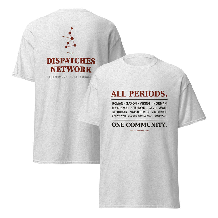All Periods limited edition t-shirt in ash, Network fundraiser, front and back view