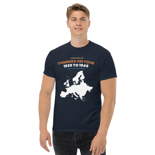 Tommies On Tour WW2 re-enactment t-shirt from Dispatches Magazine, navy, front view