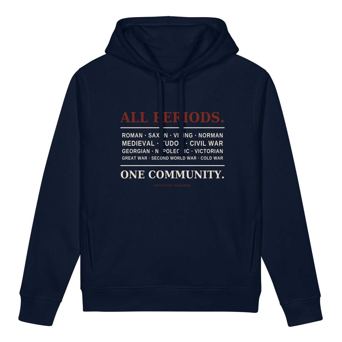 All Periods organic side pocket hoodie in French navy, Network fundraiser, front view