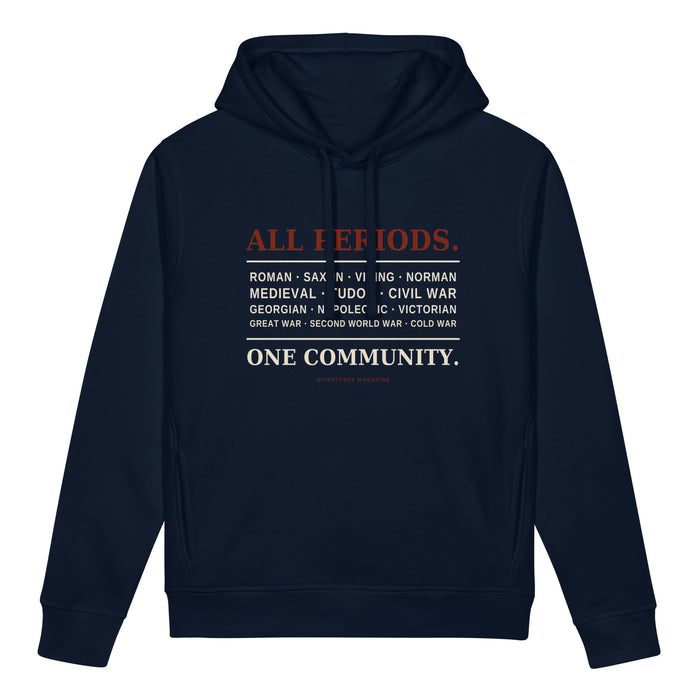 All Periods organic side pocket hoodie in French navy, Network fundraiser, front view